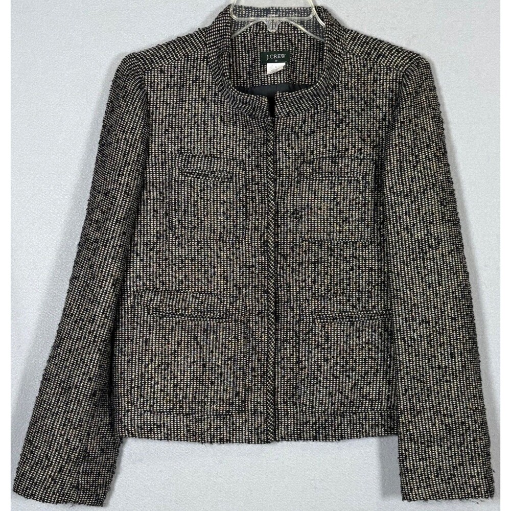 J Crew Blazer Womens 6 Black White Tweed Cropped Jacket Wool Blend